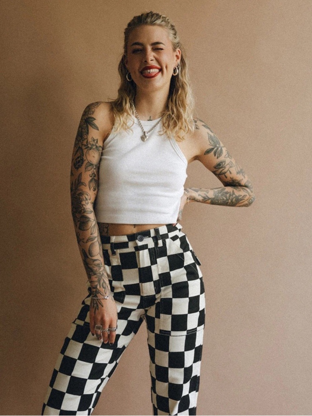 Checkerboard Straight-Leg Pants - Black & White